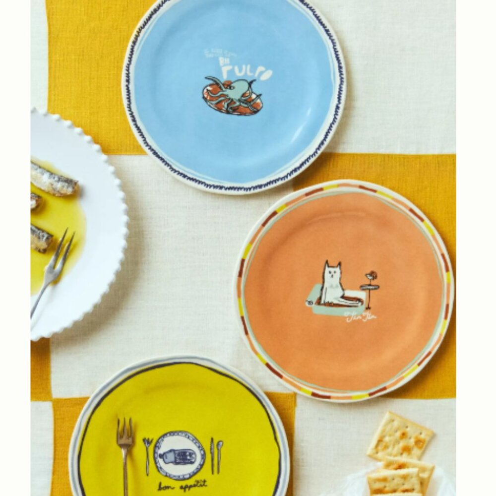 Anthropologie Original Tinned Fish Candle Stoneware Dessert Plate Blue Octopus - Picture 2 of 4